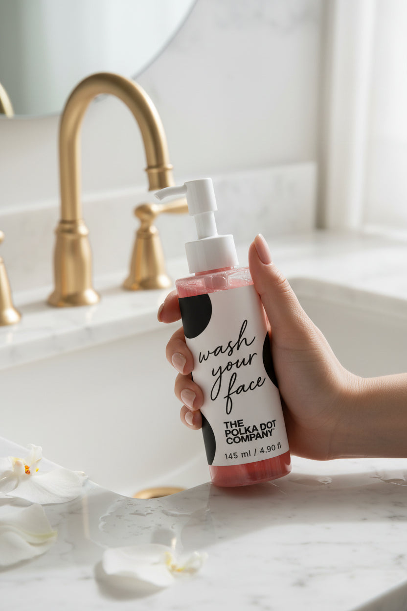 A bottle of The Polka Dot Company 'wash your face' facial cleanser with a white pump dispenser and a black-and-white cow-print label, set against a clean white background.
